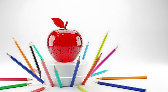 Red glass apple on white pedestal with multicolored pencils pointing towards it in abstract setting