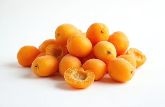 Group of ripe yellow apricots piled together on white surface. One fruit cut in half shows juicy texture. Healthy snack option for diet and nutrition.