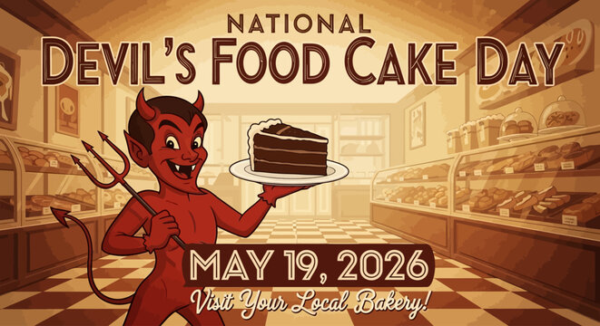 Red devil character holding chocolate cake for National Devil's Food Cake Day poster isolated on background