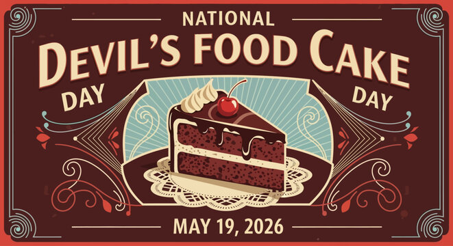 Vintage national devil's food cake day poster with slice isolated on background