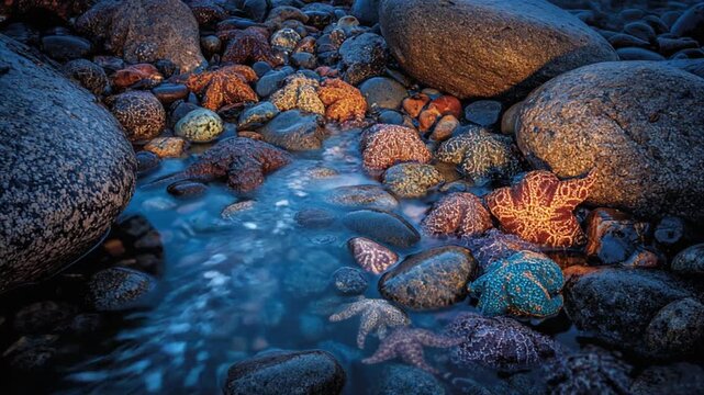 Vibrant Sea Stars and Wet Rocks on a Coastal Shoreline with Flowing Water at Twilight, Marine Life Habitat