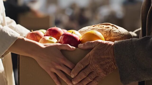 Close-up of hands passing food donation box with apples oranges and bread in warm light against soft blurred background. Concept of charity, volunteering and community support