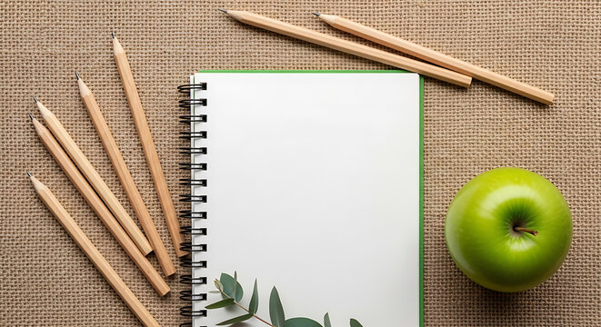 Open spiral notebook with green apple and wooden pencils on rustic burlap background with copy space
