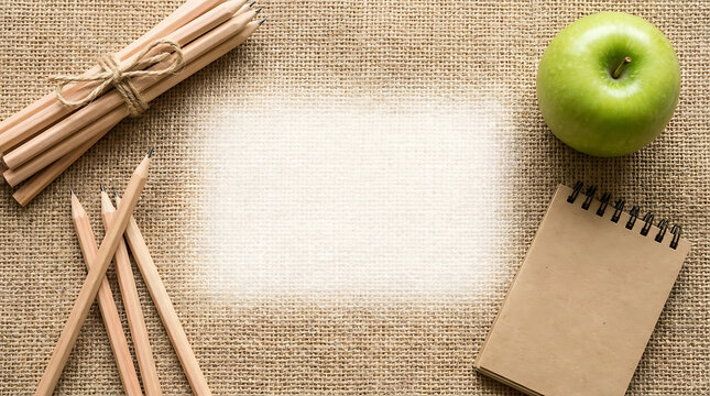 Small notebook with green apple and bundle of pencils on textured brown burlap background