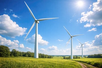 Fototapeta premium Wind turbines in motion with a vivid summer sky backdrop
