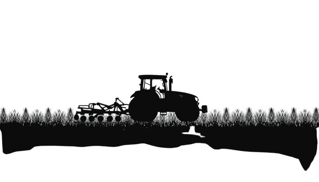 Tractor pulls a piece of agricultural machinery across a field of crops depicted as a black silhouette set against a solid white background.