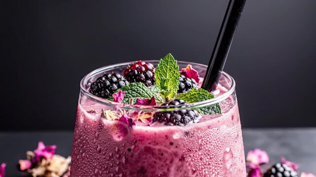 Refreshing Blackberry Smoothie with Mint and Rose Petals in Chilled Glass