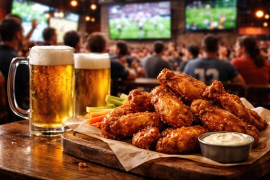 Crispy chicken wings and cold beer enjoyed during an exciting football game in a lively sports bar