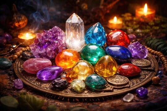 Detailed shot of various gemstones for chakra balancing and mystical rituals