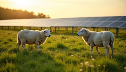 Fototapeta premium Two sheep graze in a green field near solar panels. Sunset light illuminates the pasture and sheep. Rural landscape shows coexistence of farming and renewable energy.
