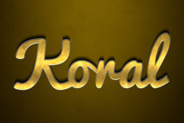Old gold text effect of Turkish name Koral with 3D glossy style Mockup. © Fayazravat143