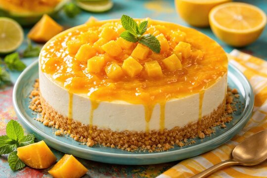 a delicious no bake cheese cake topped with fresh mango pulp on a vivid table background
