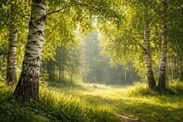 Fototapeta premium Rustic summer scene with tall birch trees surrounded by bright green leaves and clear copy space
