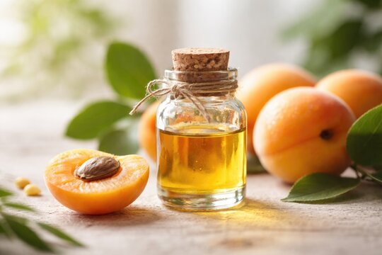 Selective focus on a tiny jar containing apricot oil placed in front of a natural style white background