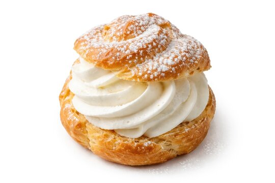 Whipped cream filled French cream puff lightly sprinkled with powdered sugar isolated on white background from top angle