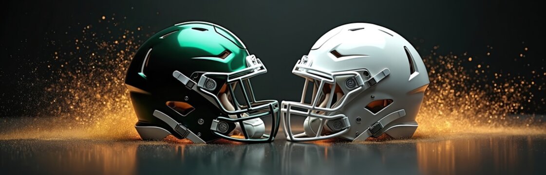Two football helmets, green and white, confront each other on reflective surface. Sparks fly in background, symbolizing intense sports rivalry and competitive spirit.