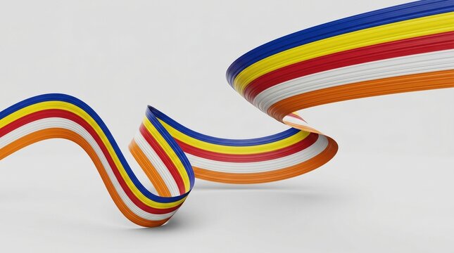 Sri Lankan Buddhist Flag Color Wave Ribbon, Abstract 3D Flowing Stripes with Blue Yellow Red White Orange, Vesak Festival Design Element