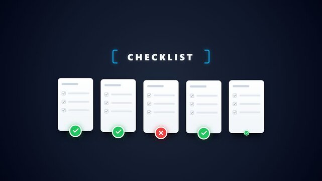 Checklist Cards Animation with Green Checkmark and Red Cross Status Icons