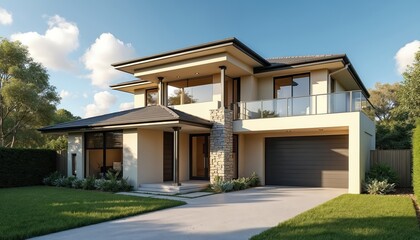 Fototapeta premium Modern two story home with beige exterior and stone accents. Features green lawn, manicured hedges, and spacious garage. Balcony with glass railing overlooks yard. Sunny day with blue sky and clouds.