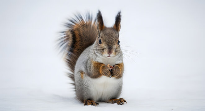 A charming red squirrel stands upright in a snowy landscape clutching a tasty snack with focused attention
