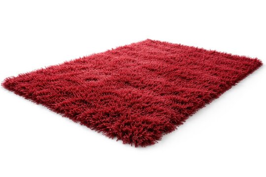 Soft red shaggy rug isolated on white background with copy space