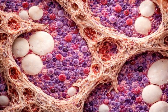 Microscopic view of bone marrow biopsy showing hematopoietic cells with adipose tissue and bony trabeculae