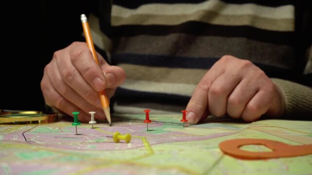 Hands placing colored pins on a detailed map while using a pencil for marking locations, showcasing a methodical approach to planning