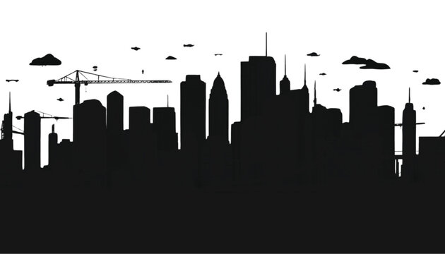 Cityscape silhouette presents a detailed urban skyline featuring high-rise buildings and construction cranes set against a clean white background for architectural and development presentations.