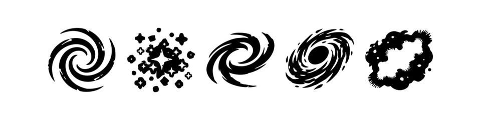Vector Set of Black Cosmic Icons and Silhouettes Featuring Spiral Galaxies, Stars, Clusters, and Nebula Illustrations for Space and Astronomy Graphic Design © Victor