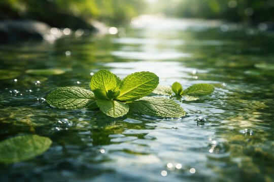 Serene aquatic mint leaves floating on water surface with bubbles in a calm natural setting