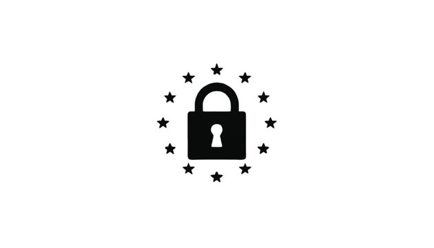 Padlock icon surrounded by a circular arrangement of stars signifies high level security measures and robust data protection standards for digital platforms and private information management systems.