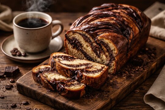 Freshly baked chocolate babka with thick chocolate swirls paired with steaming coffee on a wooden surface