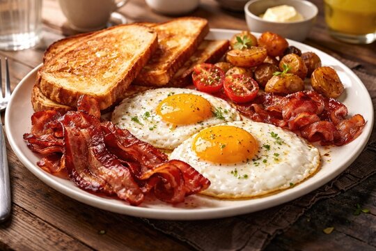 Full breakfast dish of fried eggs bacon and sliced bread served