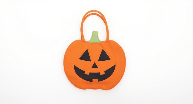White background featuring Halloween bag shaped like a spooky pumpkin