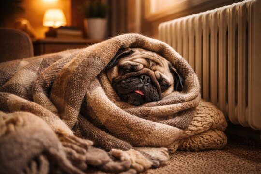 Cheerful pug dog sleeping wrapped in a blanket beside a heating radiator in a snug living room