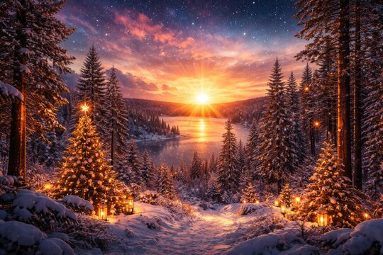 The magical moment of the December Winter Solstice on Earth with festive natural scenery