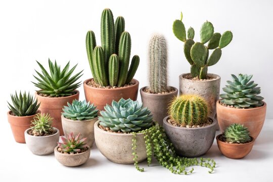 Variety of potted succulent and cactus plants arranged separately with white backdrop