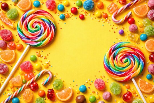 Bright spiral lollipops and assorted candies scattered on a yellow backdrop with copy space