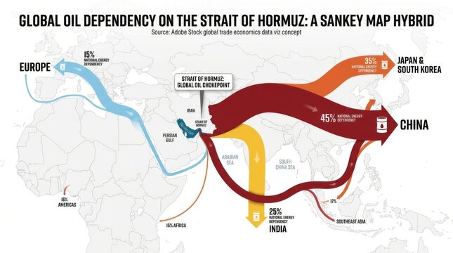 Global oil dependency infographic showing sankey flow map from the strait of hormuz to major economic regions including china india and europe with data trends