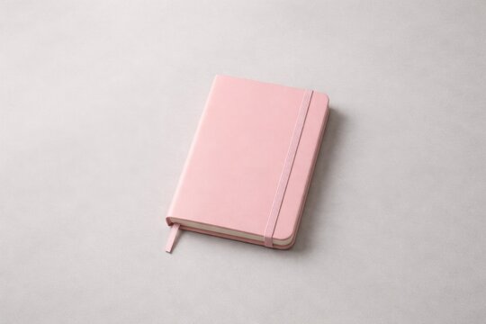 Compact pink notebook lying flat on a soft gray backdrop with ample copy space