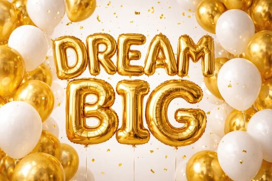 Inspirational phrase DREAM BIG in shiny golden balloons against plain white