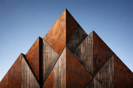 Vertical image of triangular corten steel and wooden wall panels weathered under clear blue sky including copy space