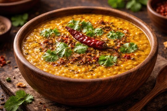 High Quality Image of Dal Fry in Wooden Bowl Garnished with Coriander and Traditional Spices