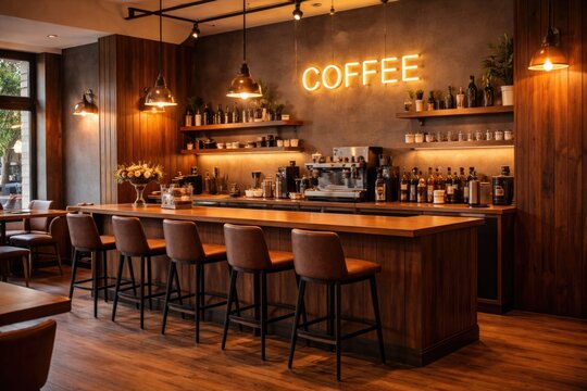 Warm coffee shop interior with wooden and grey wall accents, a hardwood floor, and a bar counter complemented by brown stools and a luminous coffee sign