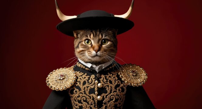 Stylish cat modeled in a theatrical bullfighter costume featuring baroque design elements