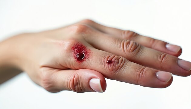 Human hand shows fresh wound with blood drops. Skin injury or animal bite mark on finger. Medical emergency concept. First aid needed for hurt skin.