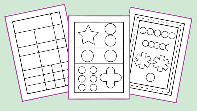 Black and white activity book pages with simple line