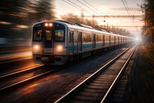 Early morning blurred motion of a commuter train running on rails