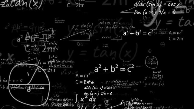 Dynamic 3d Animation Featuring White Hand-drawn Mathematical Formulas And Physics Equations Floating Through A Dark Black Void. The Scene Displays Complex Calculus, Algebra, And Geometry Theorems With