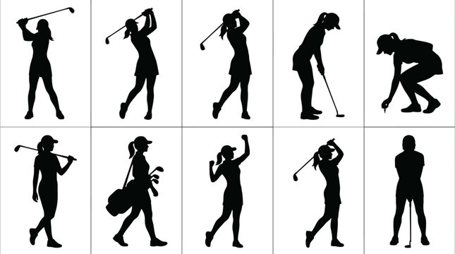 Woman Playing Golf Silhouette Vector Set &ndash; 10 Dynamic Golf Poses in Grid Layout